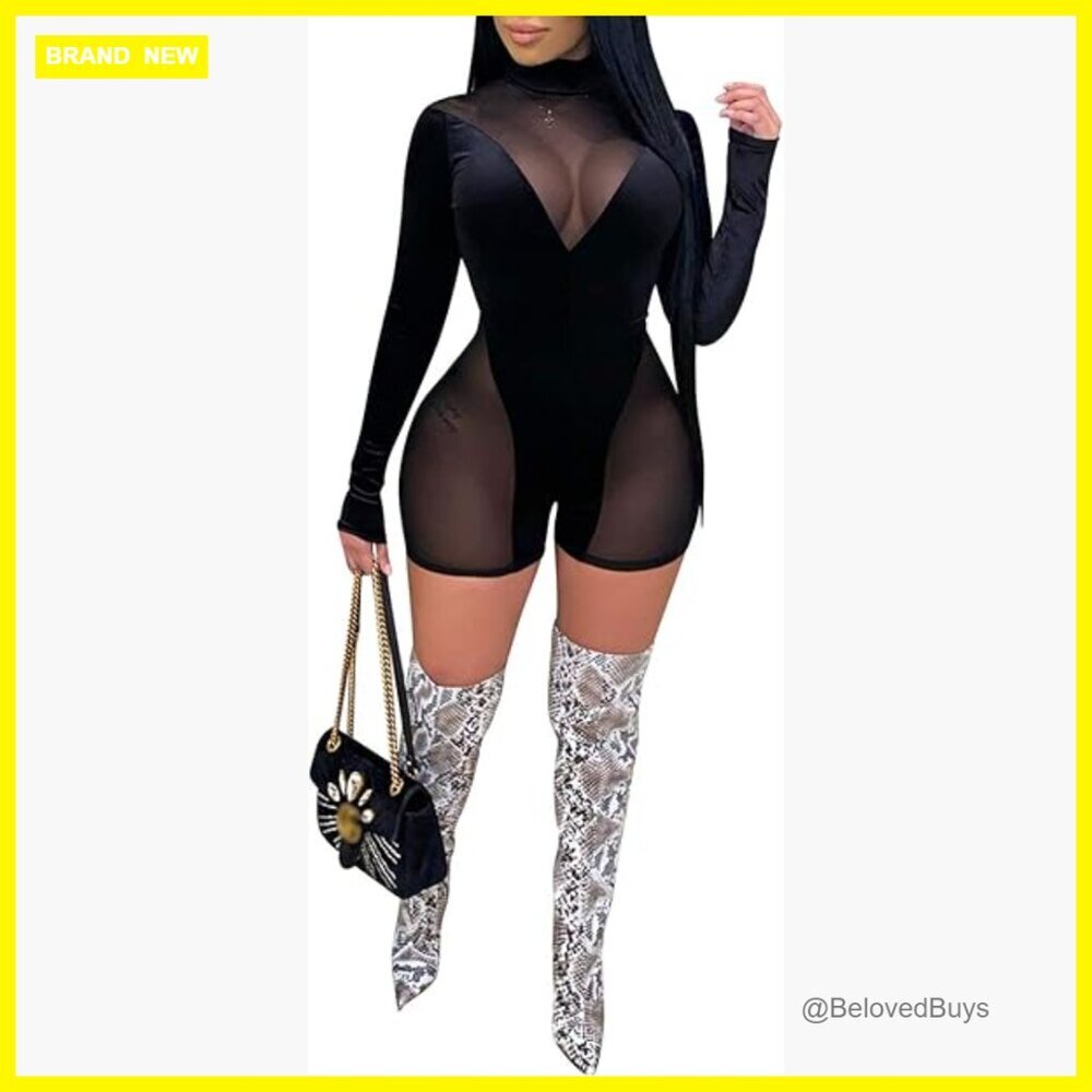 Large Mesh Long Sleeve Jumpsuit Skinny Fit See Through Clubwear
